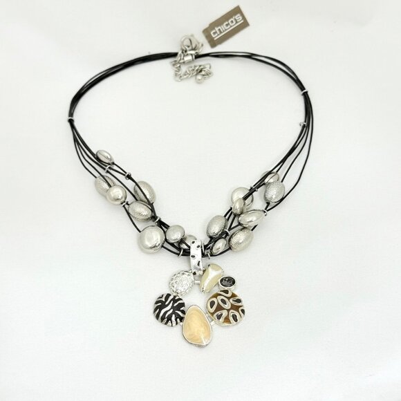 Chico's Multi-Strand Black Cord Necklace W/ Silver-Tone Beads & Abstract Pendant - Picture 6 of 8